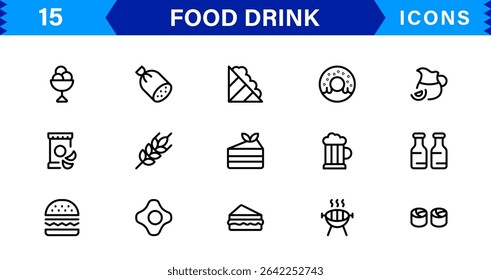 Comida e Bebida Icon Collection com Culinária, Bebidas, Comer Saudável, Cozinhar e Jantar Ícones em um Estilo Minimalista, Download-Ready