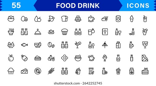 Food and Drink Icon Collection with Culinary, Beverage, Healthy Eating, Cooking, and Dining Icons in a Minimalist, Download-Ready Style