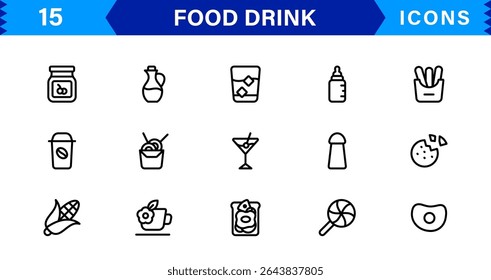 Food and Drink Icon Collection with Culinary, Beverage, Healthy Eating, Cooking, and Dining Icons in a Minimalist, Download-Ready Style