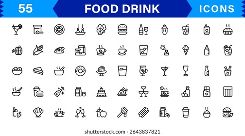 Comida e Bebida Icon Collection com Culinária, Bebidas, Comer Saudável, Cozinhar e Jantar Ícones em um Estilo Minimalista, Download-Ready