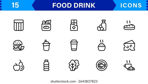 Comida e Bebida Icon Collection com Culinária, Bebidas, Comer Saudável, Cozinhar e Jantar Ícones em um Estilo Minimalista, Download-Ready