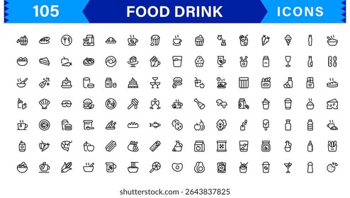 Comida e Bebida Icon Collection com Culinária, Bebidas, Comer Saudável, Cozinhar e Jantar Ícones em um Estilo Minimalista, Download-Ready
