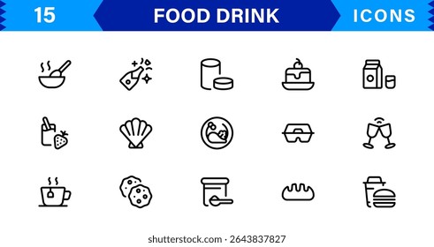 Comida e Bebida Icon Collection com Culinária, Bebidas, Comer Saudável, Cozinhar e Jantar Ícones em um Estilo Minimalista, Download-Ready