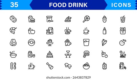 Comida e Bebida Icon Collection com Culinária, Bebidas, Comer Saudável, Cozinhar e Jantar Ícones em um Estilo Minimalista, Download-Ready