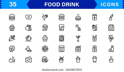 Comida e Bebida Icon Collection com Culinária, Bebidas, Comer Saudável, Cozinhar e Jantar Ícones em um Estilo Minimalista, Download-Ready
