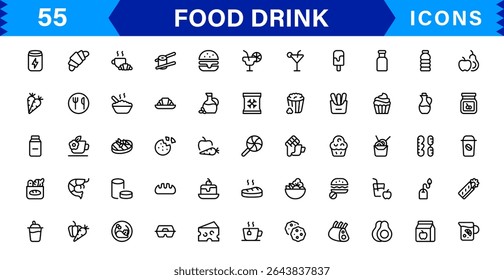 Comida e Bebida Icon Collection com Culinária, Bebidas, Comer Saudável, Cozinhar e Jantar Ícones em um Estilo Minimalista, Download-Ready