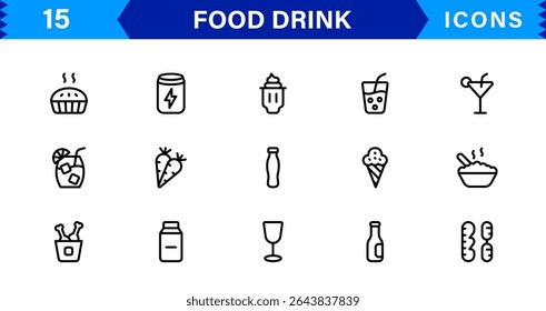 Comida e Bebida Icon Collection com Culinária, Bebidas, Comer Saudável, Cozinhar e Jantar Ícones em um Estilo Minimalista, Download-Ready