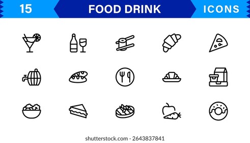 Comida e Bebida Icon Collection com Culinária, Bebidas, Comer Saudável, Cozinhar e Jantar Ícones em um Estilo Minimalista, Download-Ready