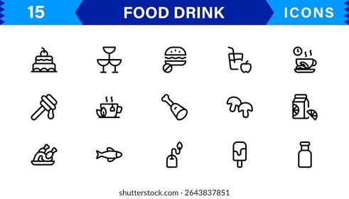 Comida e Bebida Icon Collection com Culinária, Bebidas, Comer Saudável, Cozinhar e Jantar Ícones em um Estilo Minimalista, Download-Ready