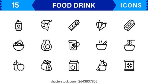 Comida e Bebida Icon Collection com Culinária, Bebidas, Comer Saudável, Cozinhar e Jantar Ícones em um Estilo Minimalista, Download-Ready