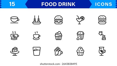 Comida e Bebida Icon Collection com Culinária, Bebidas, Comer Saudável, Cozinhar e Jantar Ícones em um Estilo Minimalista, Download-Ready