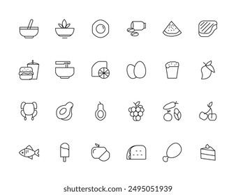 Juego de colección de iconos de comida y bebida. Iconos de contorno fino. Carne, leche, fideos, sopa, pan, huevo, torta, dulces, frutas, verduras, bebidas, nutrición, pizza, pescado, salsa, icono de queso