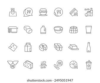 Juego de colección de iconos de comida y bebida. Iconos de contorno fino. Carne, leche, fideos, sopa, pan, huevo, torta, dulces, frutas, verduras, bebidas, nutrición, pizza, pescado, salsa, icono de queso