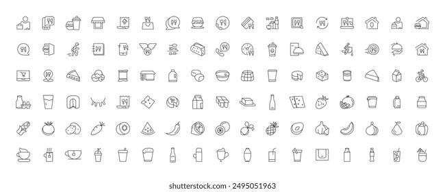 Juego de colección de iconos de comida y bebida. Iconos de contorno fino. Carne, leche, fideos, sopa, pan, huevo, torta, dulces, frutas, verduras, bebidas, nutrición, pizza, pescado, salsa, icono de queso