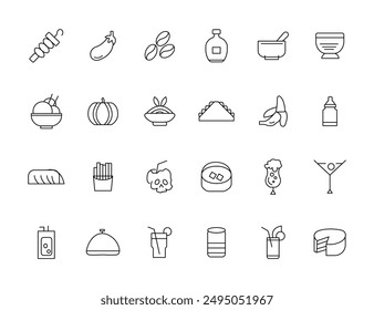 Juego de colección de iconos de comida y bebida. Iconos de contorno fino. Carne, leche, fideos, sopa, pan, huevo, torta, dulces, frutas, verduras, bebidas, nutrición, pizza, pescado, salsa, icono de queso