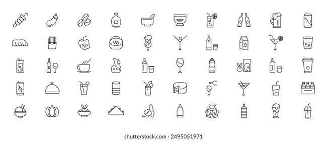 Juego de colección de iconos de comida y bebida. Iconos de contorno fino. Carne, leche, fideos, sopa, pan, huevo, torta, dulces, frutas, verduras, bebidas, nutrición, pizza, pescado, salsa, icono de queso