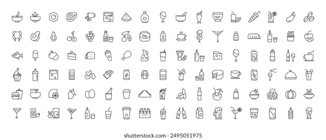 Juego de colección de iconos de comida y bebida. Iconos de contorno fino. Carne, leche, fideos, sopa, pan, huevo, torta, dulces, frutas, verduras, bebidas, nutrición, pizza, pescado, salsa, icono de queso