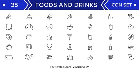 Food and drink icon collection set. Thin outline icons. Meat, milk, noodle, soup, bread, egg, cake, sweets, fruits, vegetables, drinks, nutrition, pizza, fish, sauce, cheese icon