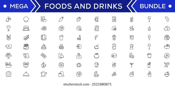 Conjunto de colección de ícono de comida y bebida. Iconos de contorno delgado. Carne, leche, fideos, sopa, pan, huevo, pastel, dulces, frutas, verduras, bebidas, nutrición, pizza, pescado, salsa, icono de queso