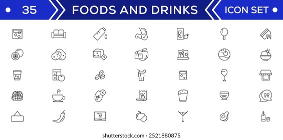 Conjunto de colección de ícono de comida y bebida. Iconos de contorno delgado. Carne, leche, fideos, sopa, pan, huevo, pastel, dulces, frutas, verduras, bebidas, nutrición, pizza, pescado, salsa, icono de queso