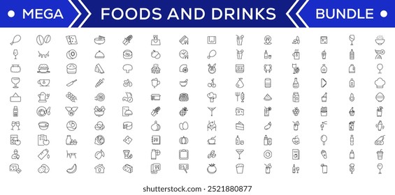 Food and drink icon collection set. Thin outline icons. Meat, milk, noodle, soup, bread, egg, cake, sweets, fruits, vegetables, drinks, nutrition, pizza, fish, sauce, cheese icon