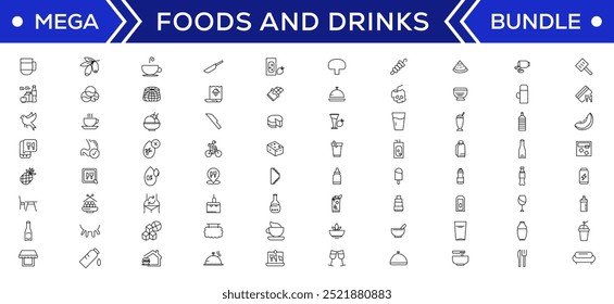 Food and drink icon collection set. Thin outline icons. Meat, milk, noodle, soup, bread, egg, cake, sweets, fruits, vegetables, drinks, nutrition, pizza, fish, sauce, cheese icon