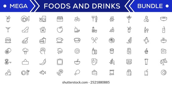 Food and drink icon collection set. Thin outline icons. Meat, milk, noodle, soup, bread, egg, cake, sweets, fruits, vegetables, drinks, nutrition, pizza, fish, sauce, cheese icon