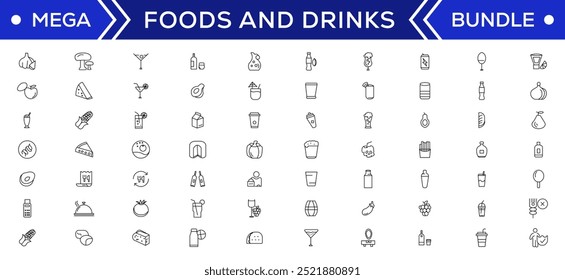 Food and drink icon collection set. Thin outline icons. Meat, milk, noodle, soup, bread, egg, cake, sweets, fruits, vegetables, drinks, nutrition, pizza, fish, sauce, cheese icon