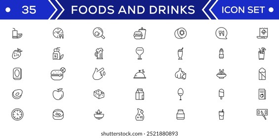 Food and drink icon collection set. Thin outline icons. Meat, milk, noodle, soup, bread, egg, cake, sweets, fruits, vegetables, drinks, nutrition, pizza, fish, sauce, cheese icon