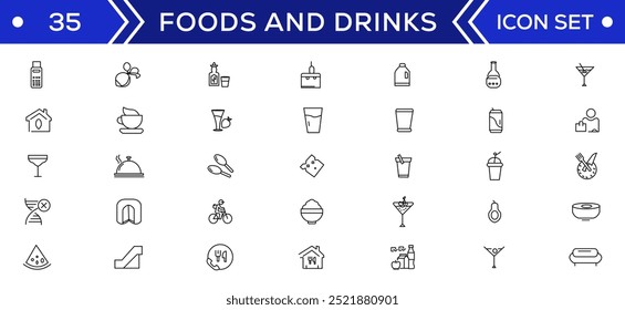 Food and drink icon collection set. Thin outline icons. Meat, milk, noodle, soup, bread, egg, cake, sweets, fruits, vegetables, drinks, nutrition, pizza, fish, sauce, cheese icon