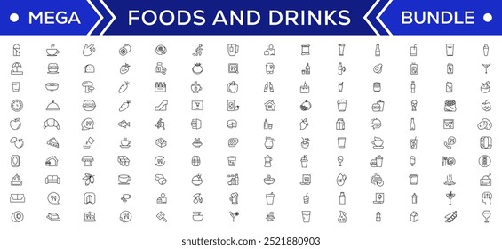 Conjunto de coleta de ícones de alimentos e bebidas. Ícones de estrutura de tópicos finos. Carne, leite, macarrão, sopa, pão, ovo, bolo, doces, frutas, legumes, bebidas, nutrição, pizza, peixe, molho, ícone de queijo