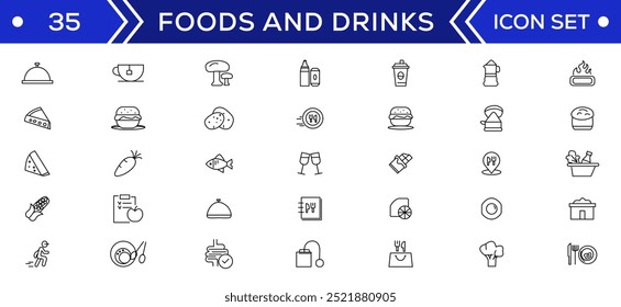 Food and drink icon collection set. Thin outline icons. Meat, milk, noodle, soup, bread, egg, cake, sweets, fruits, vegetables, drinks, nutrition, pizza, fish, sauce, cheese icon