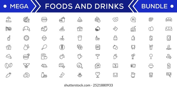 Food and drink icon collection set. Thin outline icons. Meat, milk, noodle, soup, bread, egg, cake, sweets, fruits, vegetables, drinks, nutrition, pizza, fish, sauce, cheese icon