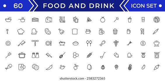 Food and drink icon collection set. Thin outline icons. Meat, milk, noodle, soup, bread, egg, cake, sweets, fruits, vegetables, drinks, nutrition, pizza, fish, sauce, cheese icon