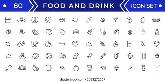 Food and drink icon collection set. Thin outline icons. Meat, milk, noodle, soup, bread, egg, cake, sweets, fruits, vegetables, drinks, nutrition, pizza, fish, sauce, cheese icon