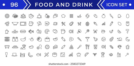 Food and drink icon collection set. Thin outline icons. Meat, milk, noodle, soup, bread, egg, cake, sweets, fruits, vegetables, drinks, nutrition, pizza, fish, sauce, cheese icon