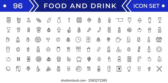 Food and drink icon collection set. Thin outline icons. Meat, milk, noodle, soup, bread, egg, cake, sweets, fruits, vegetables, drinks, nutrition, pizza, fish, sauce, cheese icon
