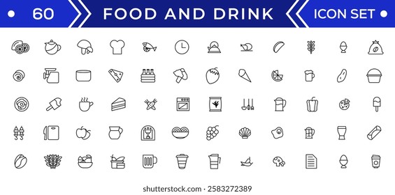 Food and drink icon collection set. Thin outline icons. Meat, milk, noodle, soup, bread, egg, cake, sweets, fruits, vegetables, drinks, nutrition, pizza, fish, sauce, cheese icon