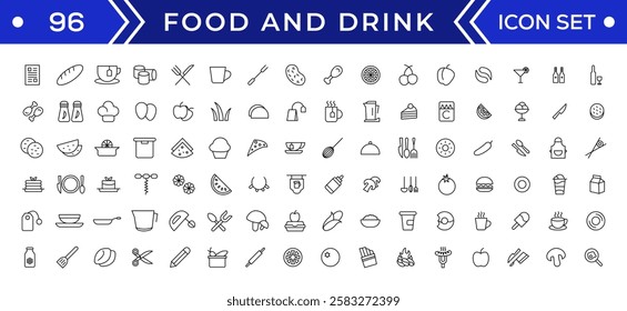 Food and drink icon collection set. Thin outline icons. Meat, milk, noodle, soup, bread, egg, cake, sweets, fruits, vegetables, drinks, nutrition, pizza, fish, sauce, cheese icon