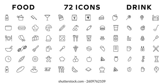 Food and drink icon collection set. Thin outline icons. Meat, milk, noodle, soup, bread, egg, cake, sweets, fruits, vegetables, drinks, nutrition, pizza, fish, sauce, cheese icon
