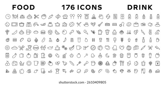 Food and drink icon collection set. Thin outline icons. Meat, milk, noodle, soup, bread, egg, cake, sweets, fruits, vegetables, drinks, nutrition, pizza, fish, sauce, cheese icon