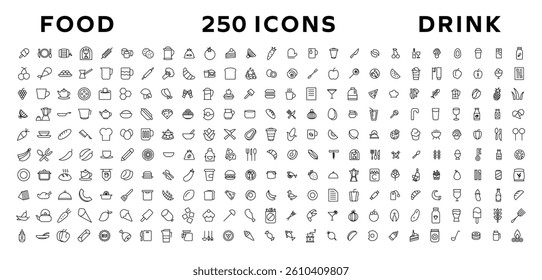 Food and drink icon collection set. Thin outline icons. Meat, milk, noodle, soup, bread, egg, cake, sweets, fruits, vegetables, drinks, nutrition, pizza, fish, sauce, cheese icon