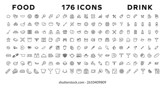 Food and drink icon collection set. Thin outline icons. Meat, milk, noodle, soup, bread, egg, cake, sweets, fruits, vegetables, drinks, nutrition, pizza, fish, sauce, cheese icon