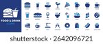 Food and Drink - Icon Collection. Thin Line Set contains such Icons as Food, Drink, Meal, Snack, Coffee, Juice, Burger and more. Simple web icons set.
