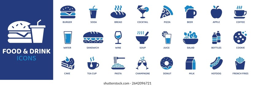 Food and Drink - Icon Collection. Thin Line Set contains such Icons as Food, Drink, Meal, Snack, Coffee, Juice, Burger and more. Simple web icons set.