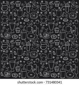 FOOD AND DRINK, ICON DOODLES, PATTERN BACKGROUND DESIGN.
White lines on black. Repeated vector illustration. 