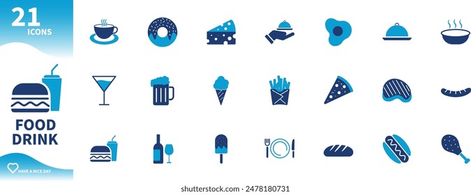 Food and drink icon. Icons set of french fries, hamburgers, coffee, hot dogs, ice cream,...