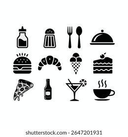 Food and Drink Icon Set  Black Silhouette Restaurant and Cafe Symbols.