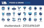 Food and drink icon set. Containing burger, soda, bread, cocktail, pizza, beer, apple, coffee, water and more. Solid vector icons collection.