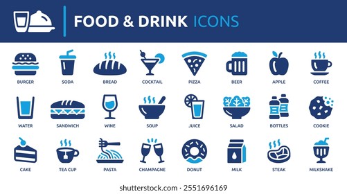 Conjunto de iconos de comida y bebida. Contiene hamburguesa, refrescos, pan, cóctel, pizza, cerveza, manzana, café, agua y más. Colección de iconos de vectores sólidos.